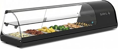 Vitrina de tapas WORLDMAI x SAYL, 144 x 40 cm, 2 Pisos y 6 cubetas GN 1/3 para hostelería. Vitrina expositora refrigerada profesional de sobremesa con iluminación LED, para bar y restaurante.