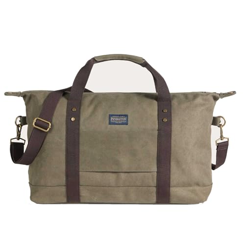 Pendleton Weekender Duffle Bag, Olive Green Waxed Cotton Canvas, Adjustable Shoulder Strap, 20x13x12 Inches, Travel Bag with Patterned Lining, Multiple Compartments2