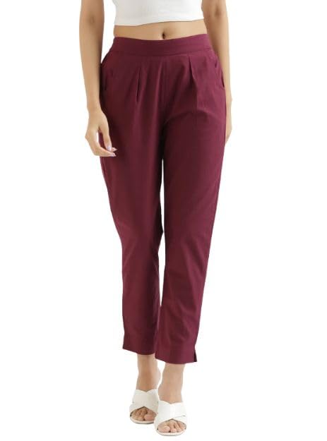 Image of D K W Women's Mid Rise Relaxed Fit Cotton Flex Trousers with Elastic Back & Drawstring - Ideal for Winter, Formal, Office & Casual Wear, Comfortable for Girls and Women