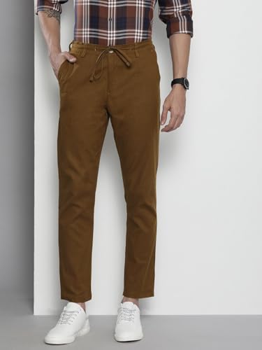 Image of The Indian Garage Co Men Slim Fit Solid Mid-Rise Elasticated Linen Trousers