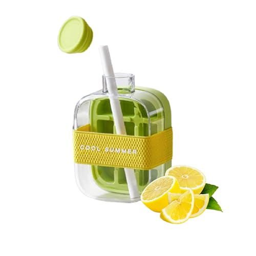 2-in-1 Ice Cube Tray Water Bottle with Straw, BPA-Free Press and Release Ice Maker Cup, Leak-Proof Portable Drink Container for Freezer, Travel, Gym, and Home Use (Green)