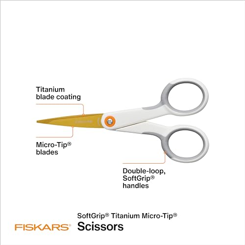 Image of Fiskars 5 inch Micro-Tip Titanium Scissors, Precision Craft Scissors | No. 5 Durable Titanium Blades & SoftGrip Handle for Intricate Cuts on Mixed Media Materials, Ambidextrous Double Loop Handle