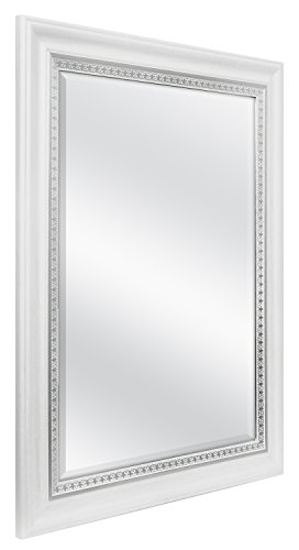 Image of MCS 16x20 Large Wall Mirror, White Woodgrained Frame with Silver Embossed Detail & Beveled Detail Mirror, Vertical & Horizontal Wall Hanging Mirror for Bathroom, Bedroom & Livingroom