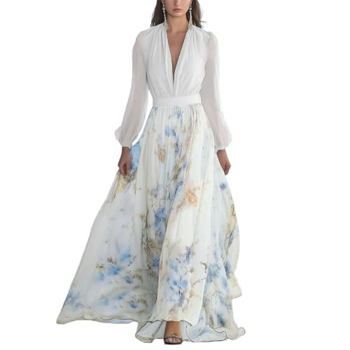 Minetom Abendkleider Damen Lang Chiffon V Ausschnitt Cocktailkleid Elegant Blumenmuster Hohe Taille Maxi Kleider Mit Gürtel Freizeitkleid Sommerkleid...