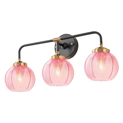 Image of Modern Bathroom Light Fixture Pink Wall Lights with Ribbed Glass Shade 3-Lights Vintage Black Vanity Light Over Mirror Wall Sconce Decor Lighting Fixtures for Bath Farmhouse Bedroom