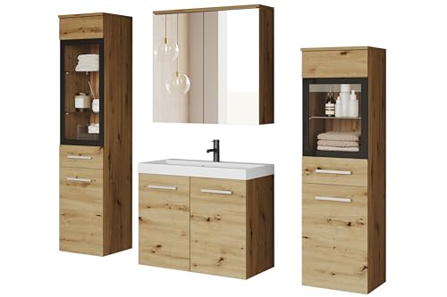 MINIO go for it - Badmöbel Set Marit 2, 4-Teilig Set, mit LED-Belechtung, Wandspiegelschrank, Schrank mit Waschbecken, Farbe: Artisan Eiche