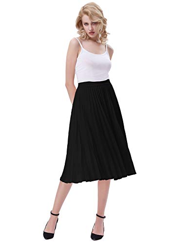 image for Kate Kasin Women's Pleated Midi Skirt Summer A-line Skirt Black Size S