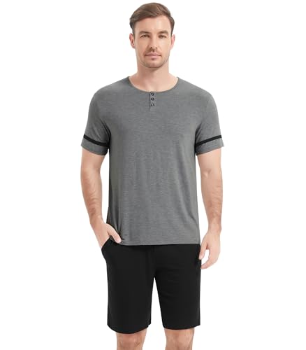 Image of NACHILA Pajamas Set for Men-Viscose Made from Bamboo, Short Sleeve Sleepwear Cool Pjs with Shorts Pants Soft Loungewear