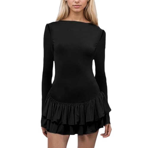 EMOTTOS Mini Robe de Soirée Courte pour Femme, Robes de Cocktail élégantes avec Ourlet à Volants, Robe Moulante à Encolure Ronde, Sexy Moulante Shirt pour Clubbing...