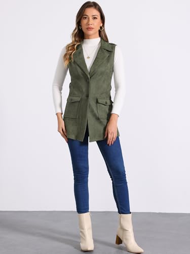 Allegra K Women's Faux Suede Vest Lapel Single Breasted Tie Belt Button Up Pockets Work Sleeveless Jacket3
