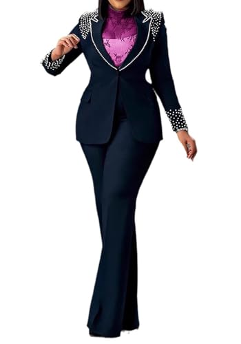 Womens Blazer Set 2 Piece Pearl Long Sleeve Sets Business Casual Outfits and Pants Suit