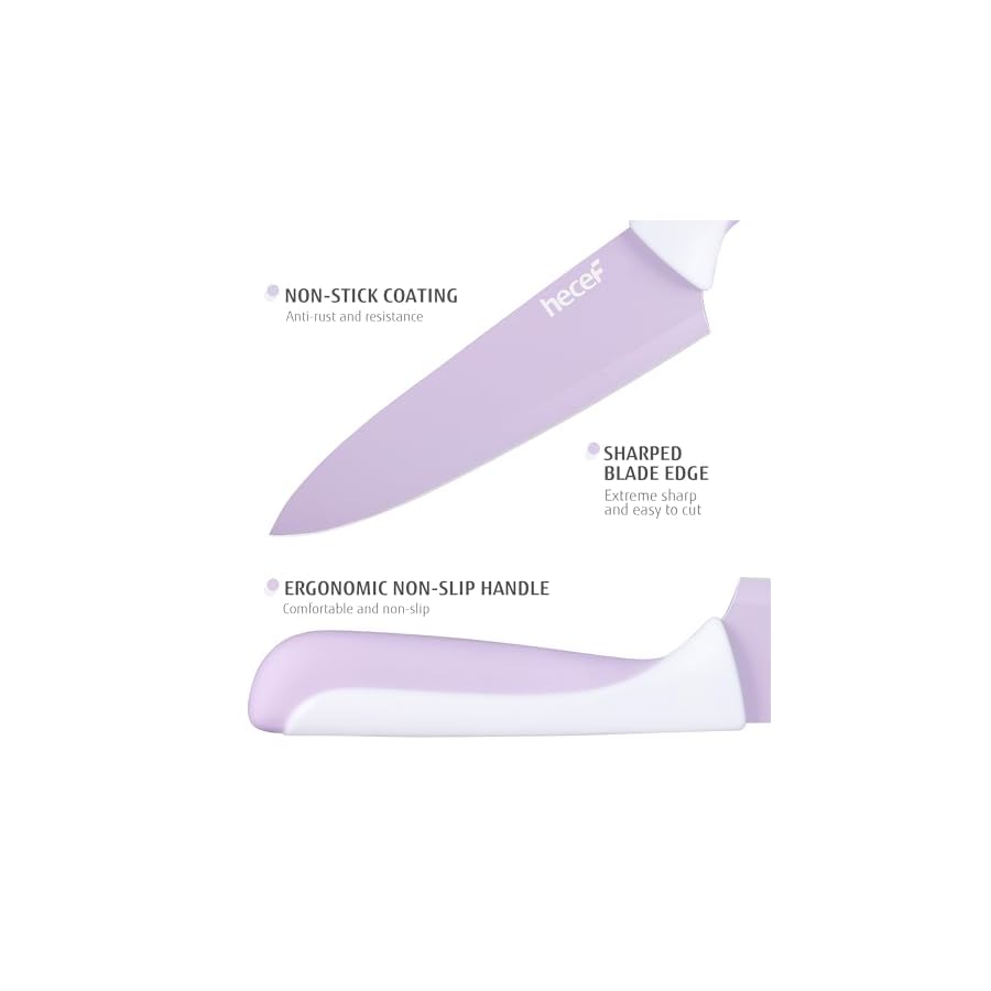 hecef 15 Pieces Kitchen Knife Set with Built-in Sharpening Wooden Block, Dishwasher Safe, High Carbon Stainless Steel Knife Block Set with Steak Knives, Kitchen Scissors, Purple