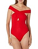 BCBGMAXAZRIA Women's Standard One Piece Swimsuit with Cross Front Off The Shoulder Straps, Red, 6