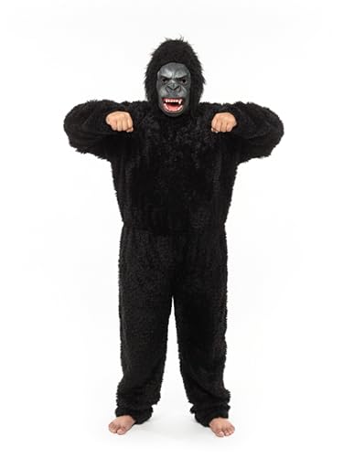 Image of King Kong /Gorilla Costume, Black Furry Full Body Suit with Mask, Hands, Feet for Kids, Adults, Halloween, School Party