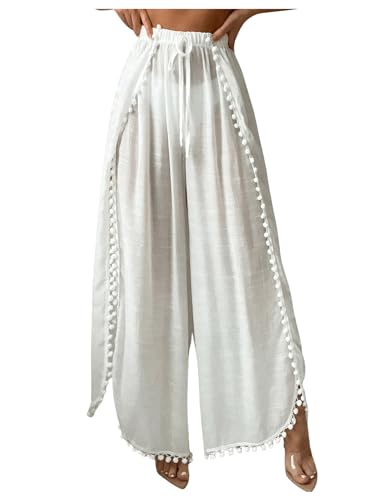 SHENHE Women's Bathing Suit Cover Up Pants Split Wide Leg Sheer Flowy Beach Palazzo Pants