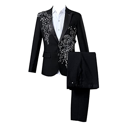 Mens 2 Pieces Luxury Embroidered Suits 1 Button Print Dinner Tuxedo Jacket Pants Prom Wedding Elegant Blazer Dress Suit (Black,Large)