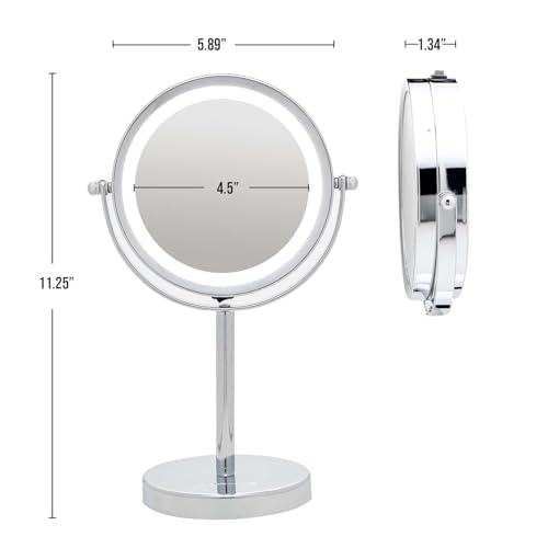 Image of OVENTE 6 inch Lighted Tabletop Round Vanity Mirror, Polished Chrome MLT60CH1X7X | Cordless Magnifying Makeup Mirror with Double Sided 1X /7X Magnification, 360 Rotation, Cool Tone LED Light, Battery Operated