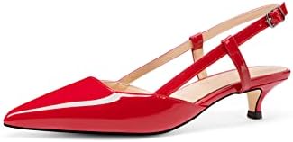 Tanaoen Women's Slingback Patent Leather Pointed Toe Strap Kitten Low Heel Pumps Shoes 1.5 Inch Red 10 | Image 2
