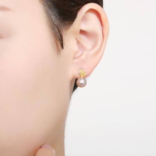 18K Gold Earrings Pearl Drop Earrings Studs Yellow Gold Women Stud Earrings Leaf Studs for Women Her KHPB0951204