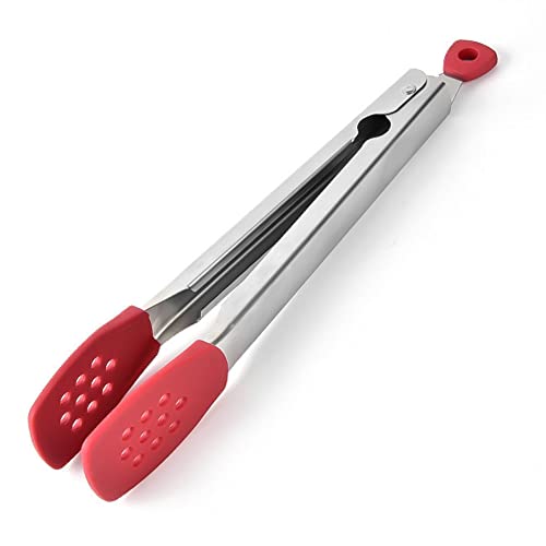 EasefulLife Kitchen Tongs for Cooking - Stainless Steel Tongs Kitchen Silicone Tip and Silicone Tongs for Air Fryer BBQ Serving Food Salad Pasta Spaghetti - 30cm Red