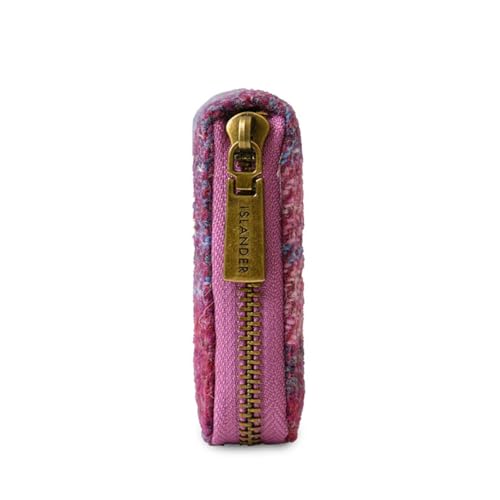 Image of Islander HarrisTweed & PU Leather women's long zip purse, Carry Cash & card, Scottish Style, Pink and Blue Tartan