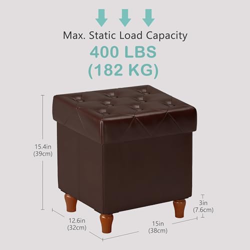 Image of CAROLMADE Folding Storage Ottoman Cube PU Leather Footstool with Wood Legs Ottoman Footrest for Living Room and Bedroom Brown, 15x12.6 x 15.4 inch