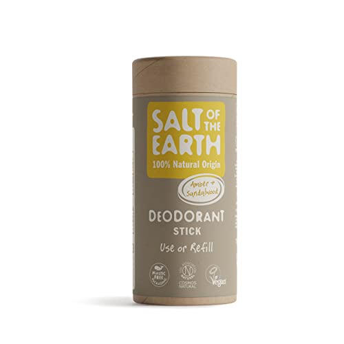 Salt Of the Earth Sin plástico desodorante natural, ámbar y sándalo, recarga, sin aluminio, vegano, protección de larga duración, aprobada por Leaping Buny, fabricado en el Reino Unido, 75 g