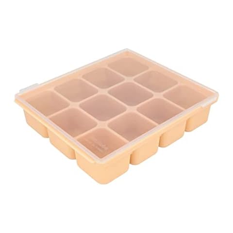 PETINUBE Silicone Freezer Tray, Baby Food Storage Cubes with Clip-On Lid, Freeze Baby Food, Soups, Purees, Ice, Easy and Safe Design, Made in Korea (12, Sand Beige) Cover