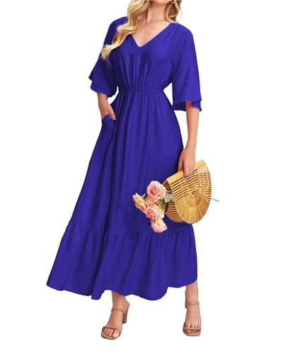 Image of Women's Summer Short Sleeve Maxi Floral Flowy Dresses with Pockets
