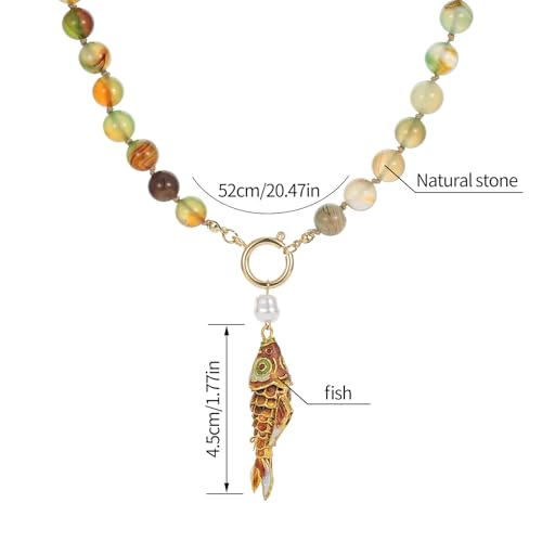 Handcrafted Multi-Colored Gemstone Beaded Necklace Gold Lucky Fish Pendant Pearl Exquisite Necklace for Women Simple Fashion Colorful Gemstones Necklaces Jewelry4