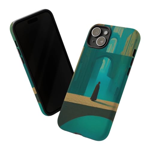 Coque rigide iPhone 15 Plus paysage urbain bleu sarcelle