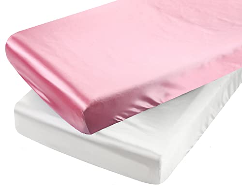 Image of Satin Pack n Play Sheet Set 2 Pack Ultra Soft Silk Fitted Mini Crib Sheets Playard Sheet Protect for Baby Hair and Skin, Pink & White