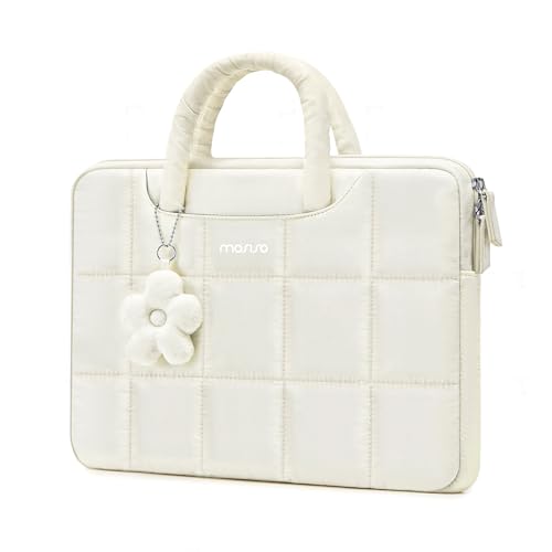 MOSISO 13-14 inch Laptop Case, 13.3 inch Puffy Laptop Sleeve Compatible with MacBook Air 13 13.6/Pro 13/Pro 14,HP Acer Dell ASUS Lenovo, Rectangle Quilted Computer Bag with Handle&Flower Pendant, Sand