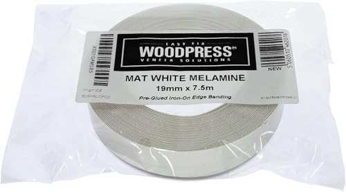 WoodPress® 19mm Mattweiße Melamin Kantenumleimer mit Schmelzkleber – 7,5m Rolle – Einfaches Aufbügeln für Heimwerker