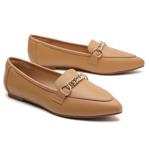 Image of Tilocow Metal Chain Loafers for Women Pointed Toe Slip on Flats Comfortable Fashion Work Shoes
