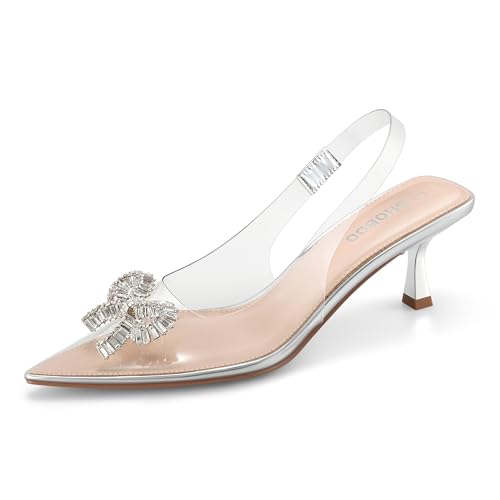 Women's Slingback Kitten Heels with Sparkly Rhinestone Bow - 2.4'' Inches Pointed Toe Pumps for Wedding Party Dress - Main Image