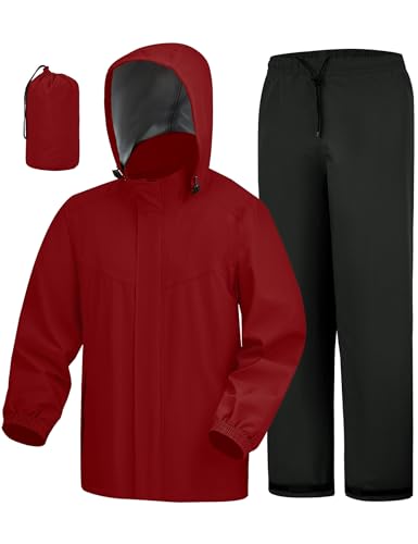 iCreek Rain Suit Waterproof Hooded Rain Gear Breathable Lightweight Packable Rain Jacket Pants Men Women for Hiking Fish Golf (Red M)