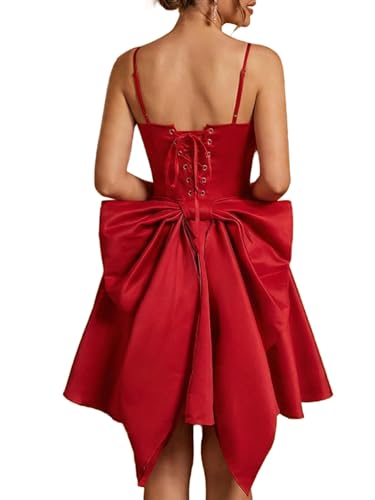 Image of WDIRARA Women's Satin Bow Homecoming Dresses Spaghetti Strap Wedding Guest Gown Summer Mini Dress