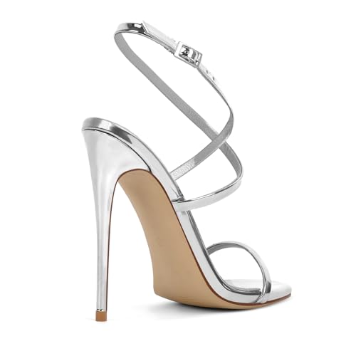 Image of Strappy High Stiletto Heels, Ankle Strap Buckle Heeled Womens Sandals, Sexy Comfort Open Round Toe Heels for Daily Party Dress