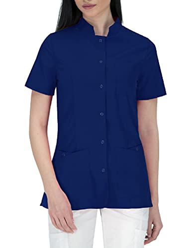 B-well Lisa Kasack mit Knopfen Schlupfkasack Damen Schlupfjacke Kurzarm 3 Taschen und verdeckter Befestigung mit Druckknöpfen (36, Blau)