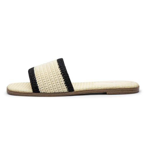 Image of Athlefit Flat Sandals Women Dressy Square Toe Raffia Summer Slide Sandals
