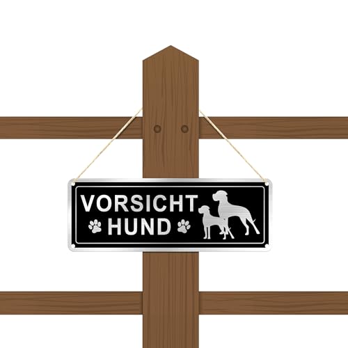SINMAO Vorsicht Bissiger Hund Schild lustig mit 2 Hunde und Hundepfote 25x9cm Gebürstetes Aluminium, mit Vorlochung zum Aufhängen oder Annageln an die Wand Erhältlich