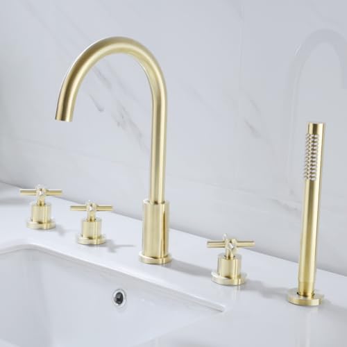 ZR98US 3 Hole Bath Mixer Tap with Shower Head and Hose Set   Brushed Gold Hot and Cold Water Mixer for Bathroom Taps and Showers