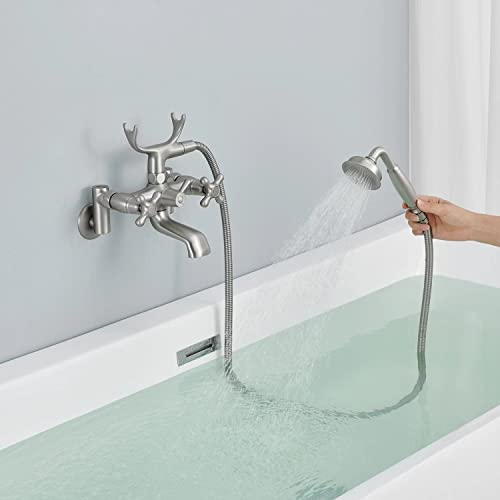 Grifería de Bañera Vintage Montada en Pared, Centro Ajustable, Níquel Cepillado | Diseño Vintage Teléfono, Montaje en Pared, Alto Flujo 8GPM, Latón Macizo, Válvula Anti Fugas, Centro Ajustable miniatura 6