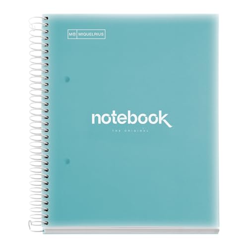 Miquelrius - Cuaderno A5 Notebook Emotions, 120 Hojas 90 g/m², Cuadrícula 5 x 5 mm, 5 Franjas de Colores, Espiral Microperforado, Tapa Polipropileno, 2 Taladros, Color Azul Cielo