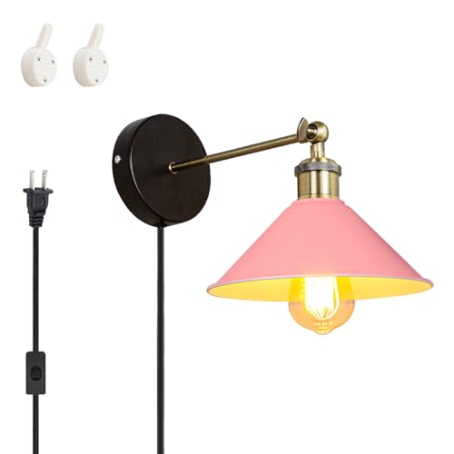 Image of ANYE Wall Sconce UL Plug-in Cord Bronze E26 Base Retro Minimalist Style Macaron Pink Iron Shade Wall Light Fixture for Cabinet Kitchen Hotel Bulb Sold Separately