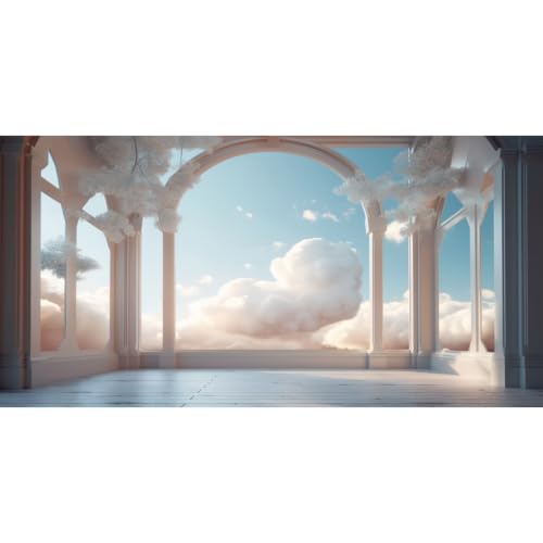 Laeacco 20x10ft Heaven Theme Backdrop Sky Clouds White Paradise Interior Archway Balcony Photography Background Newborn Baby Shower Kids Birthday Party Cake Table Decoration Banner Photo Booth Props