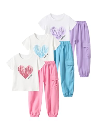 Image of Girls 4 Pieces Outfits Short Sleeve Printed Tee Tops and Pants Set 4-12Y