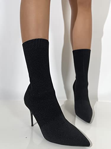 Jeesay Women's Sexy Pointed Toe Sock Ankle Boots Stiletto High Heels Mid Calf Booties Stretch Knit Shoes Warm…3