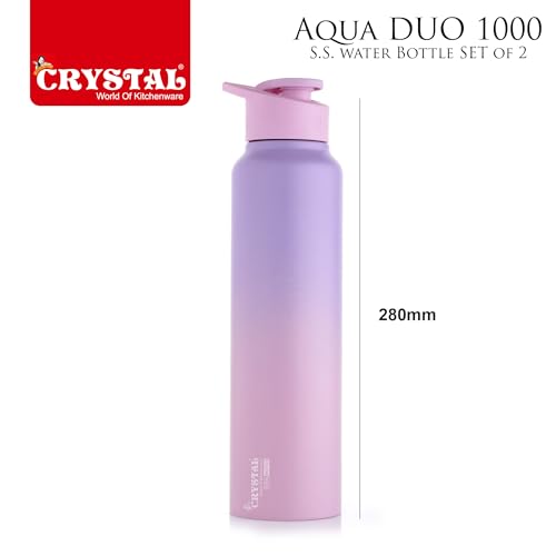 Image of Crystal Aqua 1000 Stainless Steel Water Bottle, Leakproof Lid, Single Walled, ISI Certified I For School, Office, Gym I Purple & Pink | Pack of 2